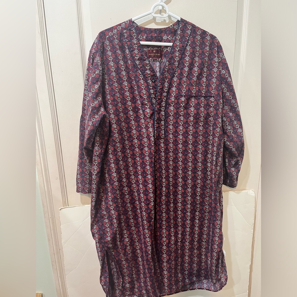 Vintage Nordstrom Nightshirt Large Blue Red Button Broadcloth Cotton Sleep Shirt
